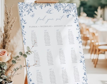 Chinoiserie Table Plan Poster, French Floral Seating Plan Board, Dusty Blue Toile Wedding Seating Chart, Victorian Editable Template, 523-A