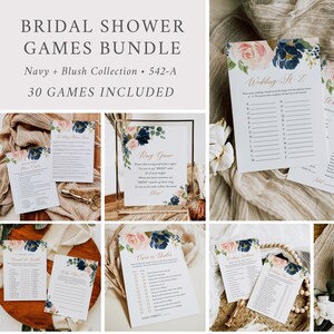 Bridal Shower Games Bundle, Navy Blush Bridal Shower Games Pack, Editable Bridal Shower Games Set, Bridal Game Template Printable Game 542-A