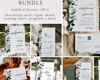 Botanical Wedding Set, Greenery Wedding Bundle, Leaves Wedding Invitation Set, Wedding Kit, Wedding Stationery Set, Editable Template 596-A
