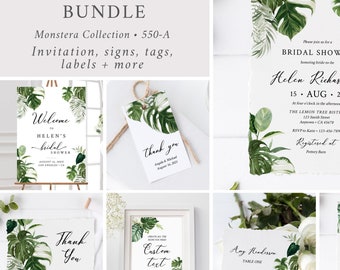 Greenery Bridal Shower Set, Monstera Bridal Shower Bundle, Tropical Foliage Bridal Shower Package, Printable Invite, Editable Template 550-A