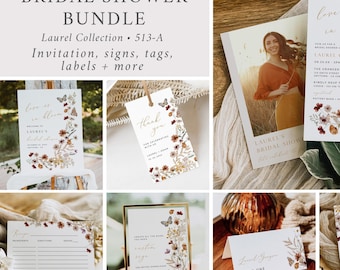 Love is in Bloom Shower Kit, Fall Bridal Shower Bundle Wildflower Bridal Shower Pack, Neutral Floral Invitation Template Set, Editable 513-A