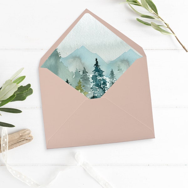 Berge Wald druckbare Umschlag Liner, rustikale Wald Umschlag Liner, Aquarell Natur, A7 Umschlag Liner, Instant Download, 531-A