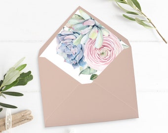 Printable Succulent Envelope Liner, Boho Cactus Envelope Liner, Watercolor Pink Blue Green Succ, A7 Envelope Liner, Instant Download, 535-A