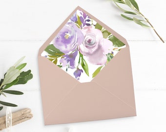 Printable Dusty Lilac Floral Envelope Liner, Boho Floral Envelope Liner, Lavender Green, Watercolor Flowers, A7 Liner Instant Download 555-A