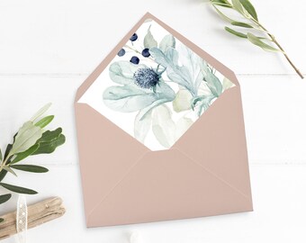 Printable Winter Envelope Liner, Navy Silver Gray Floral, Christmas Foliage Watercolor A7 Floral Liner Instant Download 544-A