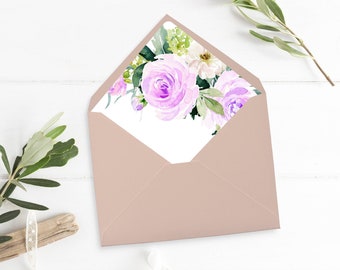 Purple Floral Printable Envelope Liner, Lavender Floral Envelope Liner, Lilac Greenery Boho, Watercolor Rose A7 Liner Instant Download 519-A