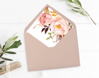 Pink Floral Envelope Liner, Printable Boho Floral Envelope Liner, Pink Peonies Liner, Watercolor Flowers, A7 Liner Instant Download 516-A