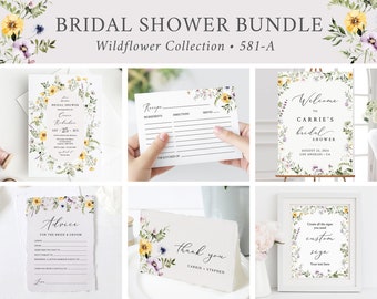 Editable Wildflower Bridal Shower Bundle, Green Floral Printable Invitation Welcome Sign Tag Advice Labels, Templates Instant Download 581-A