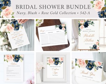 Editable Blush Navy Bridal Shower Bundle, Printable Invitation Rose Gold Welcome Sign Tag Advice Labels, Templates, Instant Download, 542-A