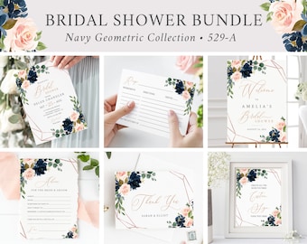 Editable Bridal Shower Bundle, Navy Blush Geometric Printable Invitation Welcome Sign Tag Advice Labels, Templates, Instant Download, 529-A