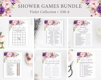 Editable Purple Floral Bridal Shower Games Bundle, Printable Lilac Peonies Violet 9 Templates, Bingo Bride Best Games Pack, Download 530-A