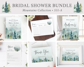 Mountains Editable Bridal Shower Bundle, Printable Invitation Welcome Sign Tag Advice Labels, Woodland Templates, Instant Download, 531-A