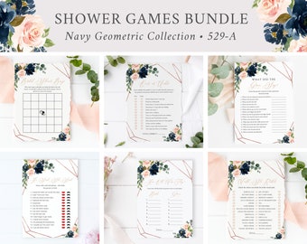 Editable Navy Rose Gold Geometric Bridal Shower Games Bundle, Printable Floral 9 Templates, Bingo Bride Best Games Pack, Inst Download 529-A