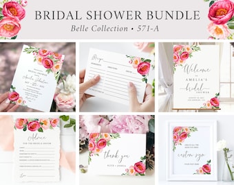 Editable Fuchsia Peonies Bridal Shower Bundle, Floral Printable Invitation Welcome Sign Tag Advice Labels, Templates, Instant Download 571-A