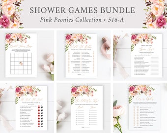 Editable Pink Rose Gold Bridal Shower Games Bundle, Printable Boho Peonies Floral 9 Templates, Bingo Bride Best Games Pack, Download 516-A