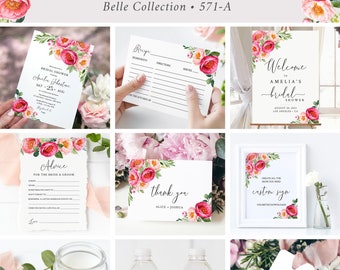 Floral Bridal Shower Set, Bridal Shower Invitation Kit, Fuchsia Bridal Shower Bundle, Peonies Decor, Shower Sign, Editable Template 571-A