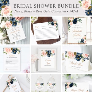Blush Navy Editable Bridal Shower Bundle, Printable Invitation Rose Gold Welcome Sign Tag Advice Labels, Templates, Instant Download, 542-A