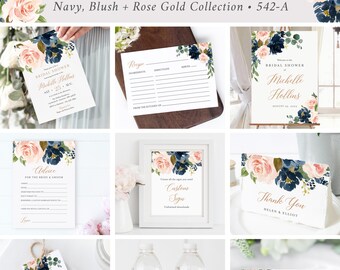 Editable Blush Navy Bridal Shower Bundle, Printable Invitation Rose Gold Welcome Sign Tag Advice Labels, Templates, Instant Download, 542-A
