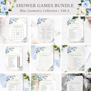 Blue Gold Geometric Editable Bridal Shower Games Bundle, Printable Floral 9 Templates, Bingo Bride Best Games Pack, Instant Download, 548-A