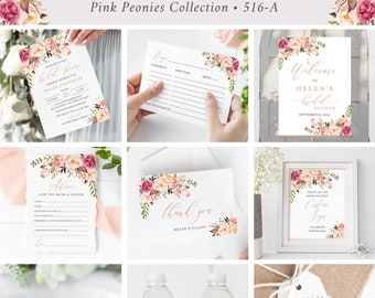 Editable Boho Rose Gold Blush Bridal Shower Bundle, Printable Invitation Welcome Sign Tag Advice Labels, Templates, Instant Download, 516-A