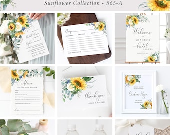 Yellow Floral Bridal Shower Invitation Set, Sunflower Bridal Shower Bundle, Printable Sunflower Shower Kit, Signs, Editable Templates 565-A
