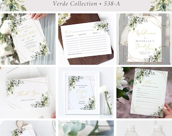 Editable Gold Geometric Greenery Bridal Shower Bundle, Printable Invitation Welcome Sign Tag Advice Labels, Templates Instant Download 538-A