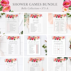 Fuchsia Bridal Shower Games Bundle, Bright Bridal Games Pack, Peony Shower Game, Floral Printable Game Kit, Editable Game Template, 571-A