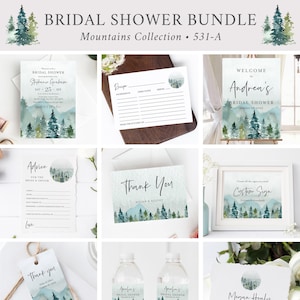 Woodland Bridal Shower Bundle, Printable Forest Bridal Shower Invitation Set Rustic Bridal Shower Pack, Mountains Editable Template 531-A