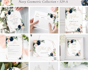 Editable Bridal Shower Bundle, Navy Blush Geometric Printable Invitation Welcome Sign Tag Advice Labels, Templates, Instant Download, 529-A