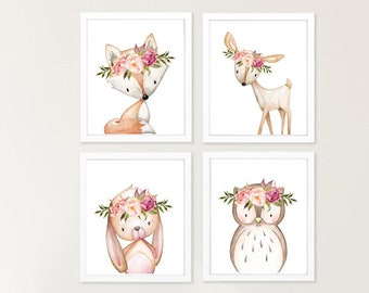 Pink Peonies Woodland Animals Nursery Printable Art, Boho Fox Deer Rabbit Owl, Wall Art, Floral Kids Decor, Set of 4 Instant Download, 610-A