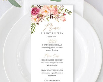 Rose Gold Boho Editable Menu, Pink Floral Table Wedding Menu, Printable Pink Peonies Menu, DIY Template, Calligraphy Instant Download 516-A