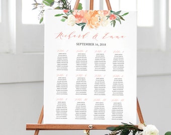 Coral Blush Editable Table Plan, Peach Floral Seating Chart, Seating Plan, 18 x 24 24 x 36 A1 A2 Template, Instant Download, Templett, 501-A