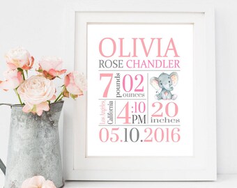 Elephant Printable Birth Stats Wall Art, Birth Announcement Wall Art, Girl Personalized Custom Birth Stats Nursery Decor Print Choose Colors