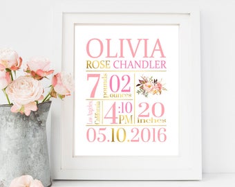 Boho Floral Printable Birth Stats Wall Art, Birth Announcement Art, Pink Gold Girl Personalized Custom Birth Stats Decor Print Choose Colors