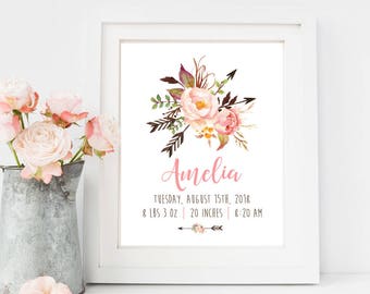 Boho Printable Birth Stats Wall Art, Pink Peonies Birth Announcement Wall Art Girl Boho Personalized Birth Stats Arrow Tribal Download 610-A