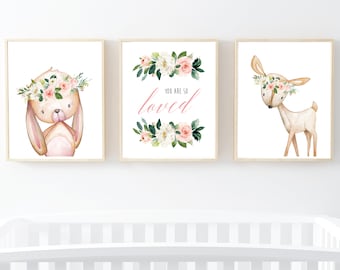 Boho Fox Nursery Wall Art Woodland Animals Print Floral Decor Baby Gift 602-A