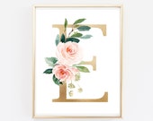 Blush Gold Monogram Boho Printable Wall Art, Floral Monogram Nursery Art Print, Monogram Nursery Art, Pink Girl, Decor Gift, Download 614-A