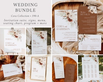 Pampas Grass Wedding Invite Set QR Code RSVP, Boho Terracotta Wedding Bundle, Bohemian Wedding Invitation Set Editable Bundle Template 590-A