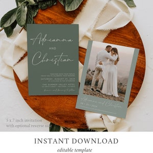 May include: A 5x7 inch wedding invitation template with a sage green background and white text. The invitation features the names "Adrianna and Christian" and the wedding date "August 25, 2024". The template also includes a photo of the couple on the reverse side.