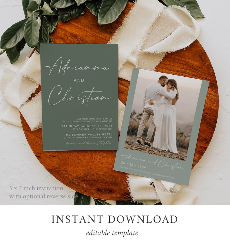 May include: A 5x7 inch wedding invitation template with a sage green background and white text. The invitation features the names "Adrianna and Christian" and the wedding date "August 25, 2024". The template also includes a photo of the couple on the reverse side.