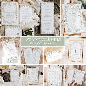 May include: A collection of wedding stationery featuring a floral design in shades of green. The bundle includes invitations, menus, table cards, and a welcome sign. The text includes names and dates, with the words "Wedding Bundle" and "Floria Collection 523-C".