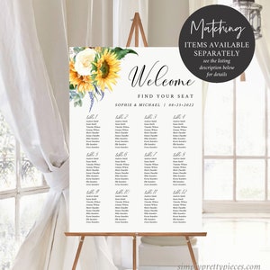 May include: A sunflower and white rose floral design wedding seating chart with the text "Welcome Find Your Seat Sophie & Michael 08-25-2022" and a table layout with guest names.