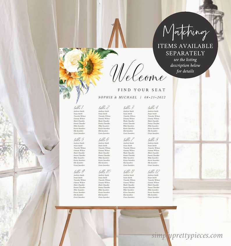 May include: A sunflower and white rose floral design wedding seating chart with the text "Welcome Find Your Seat Sophie & Michael 08-25-2022" and a table layout with guest names.