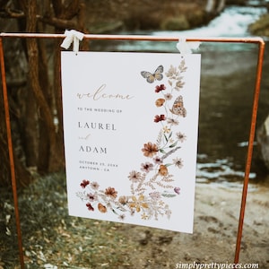 Wildblumen Hochzeit Willkommensschild, gepresstes Blumen Willkommensplakat, Herbst Willkommensbrett, Herbst druckbares Yard Schild, bearbeitbare Schildvorlage 513-A