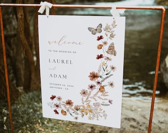 Pressed Flower Welcome Poster, Fall Welcome Board, Wildflower Wedding Welcome Sign, Autumn Printable Yard Sign, Editable Sign Template 513-A