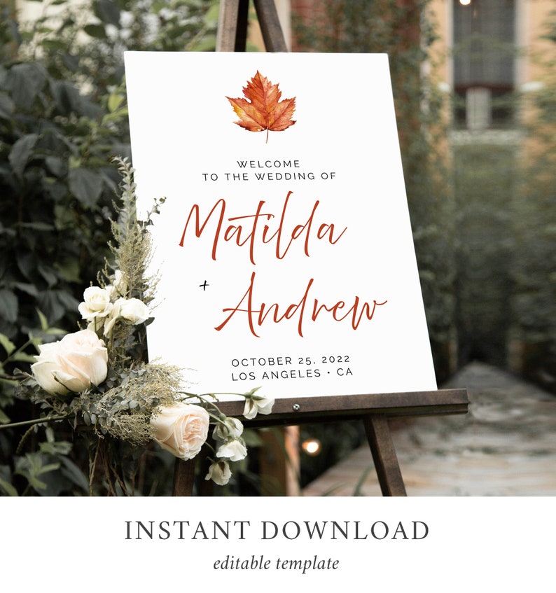 Maple Leaf Fall Editable Wedding Welcome Sign, Burnt Orange Shower, Unlimited Signs, 16 x 20 18 x 24 24 x 36 Template Instant Download 567-A image 2
