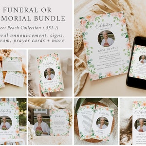 May include: A funeral or memorial bundle in a peach and floral theme. The bundle includes a funeral announcement, signs, program, prayer cards, and more. The text "Celebrating the life of Rose Huntly" is featured on the cards.