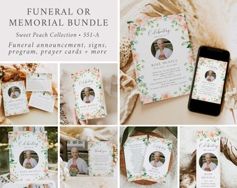 Celebration of Life Set, Peach Floral Funeral Bundle for Woman, Memorial Pack, In Loving Memory Bundle, Peach Roses Editable Template 551-A