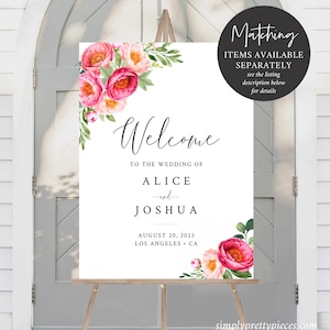 Puede incluir: Se&ntilde;al de bienvenida con borde floral rosa, anunciando la boda de Alice y Joshua el 20 de agosto de 2023 en Los &Aacute;ngeles, California. Art&iacute;culos a juego disponibles por separado.