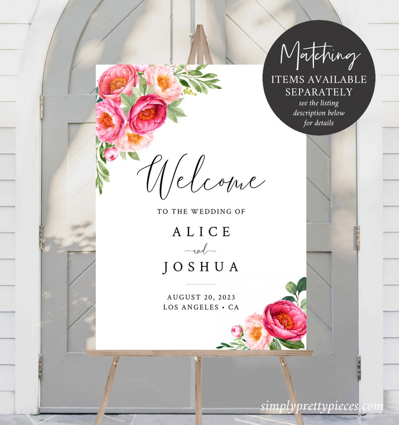 Puede incluir: Se&ntilde;al de bienvenida con borde floral rosa, anunciando la boda de Alice y Joshua el 20 de agosto de 2023 en Los &Aacute;ngeles, California. Art&iacute;culos a juego disponibles por separado.